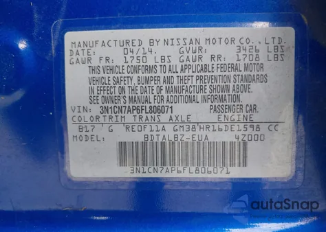 2015 Nissan Versa 1.6 S/1.6 S+/1.6 Sl/1.6 Sv from USA, damaged, VIN 3N1CN7AP6FL806071